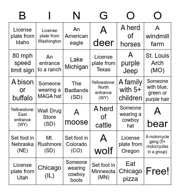 Stebner Western Roadtrip Bingo Card