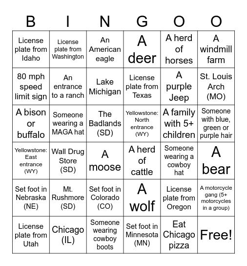 Stebner Western Roadtrip Bingo Card