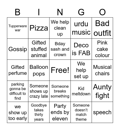 bday party Bingo Card