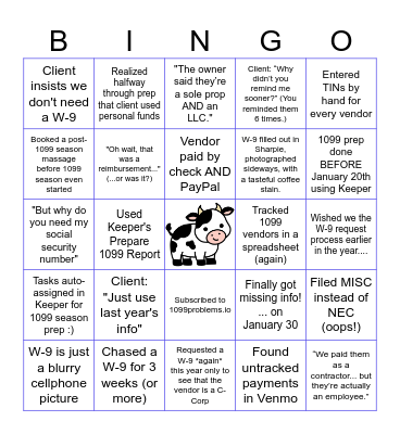 1099 Season Cow-a-Bingo Card