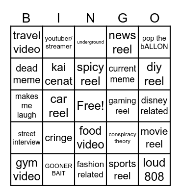 Instagram reel bingo Card