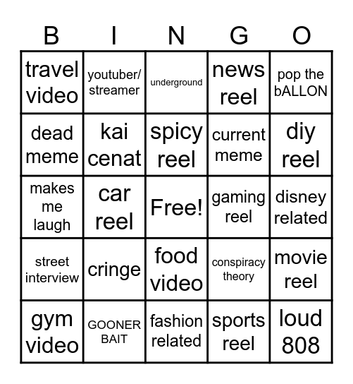Instagram reel bingo Card
