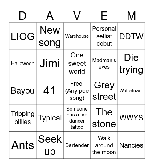 Dave Bingo Card