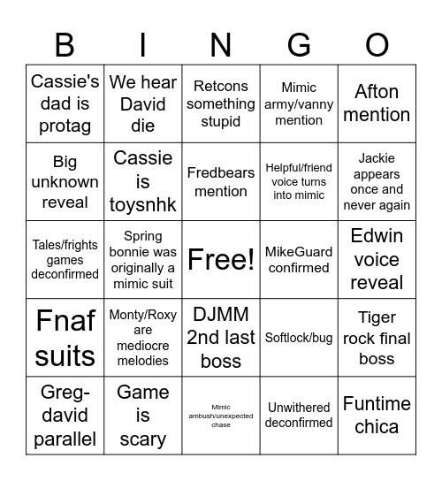 Mimic bingo Card
