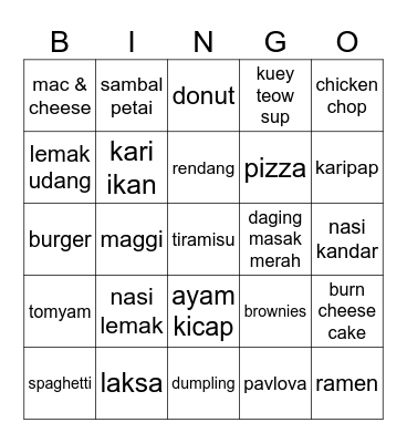 FOOD Bingo Card