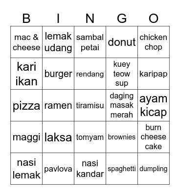 FOOD Bingo Card