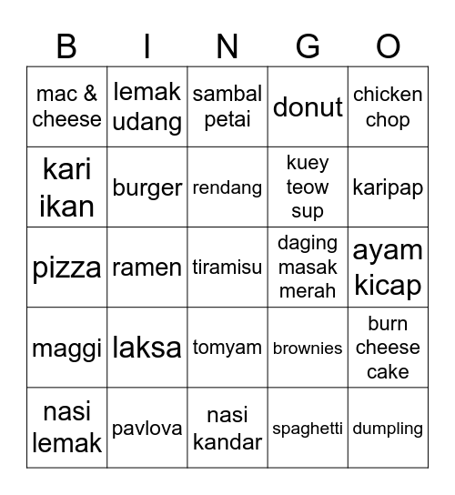 FOOD Bingo Card