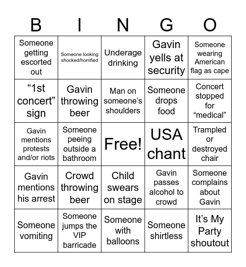 Gavin Adcock Bingo Card