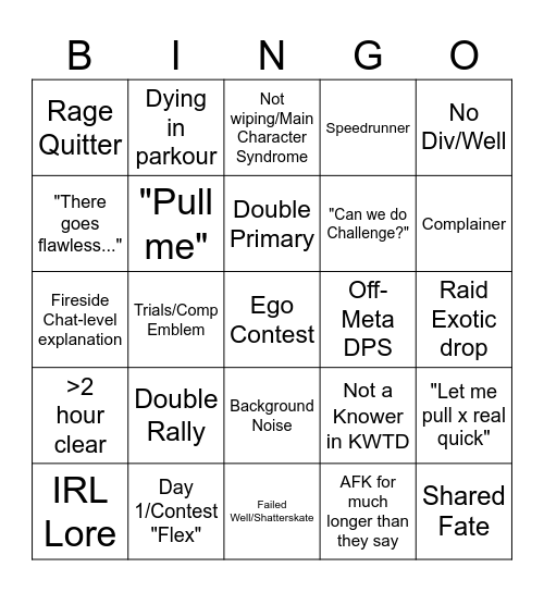 Raid Bingo Card