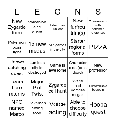 Pokemon Legends Z-A bingo Card
