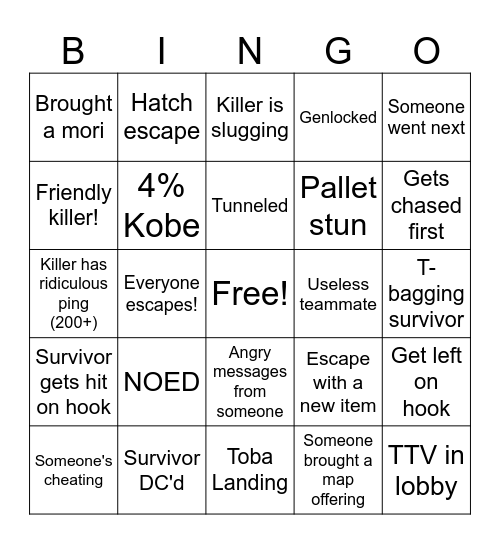 Dead By Daylight Bingo Card