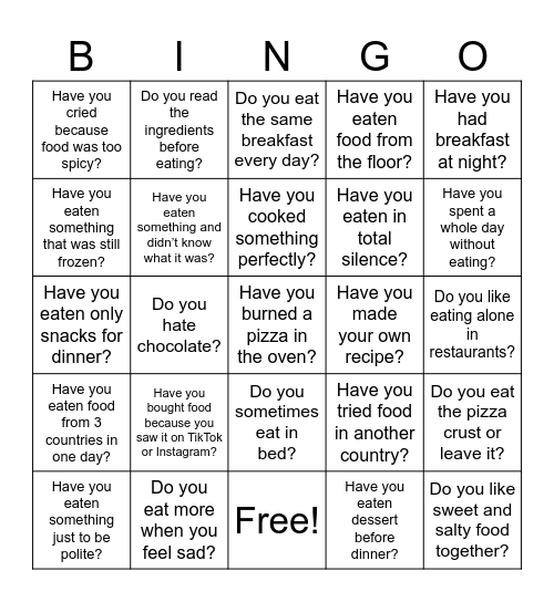 food bingo Card