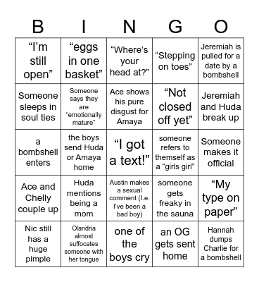 Love Island USA S7 Bingo Card
