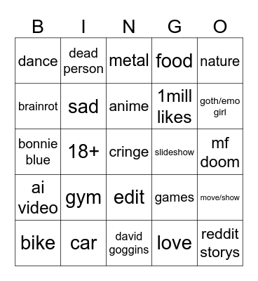 tiktok bingo Card