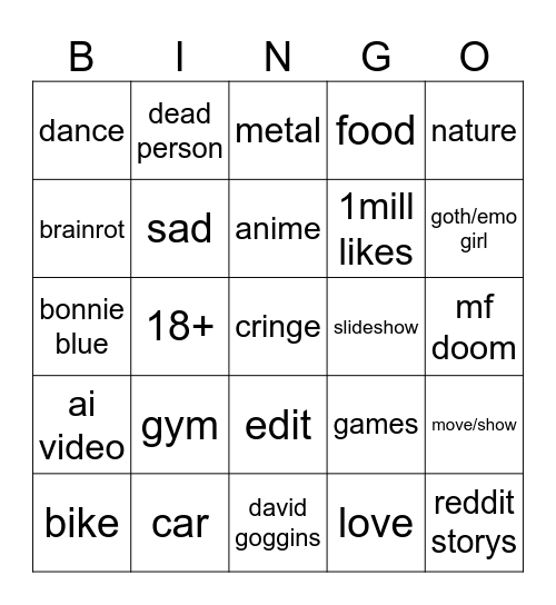 tiktok bingo Card