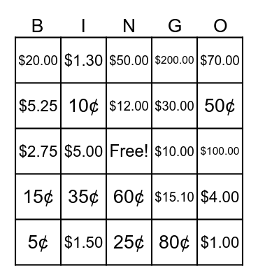 Money Bingo! Bingo Card
