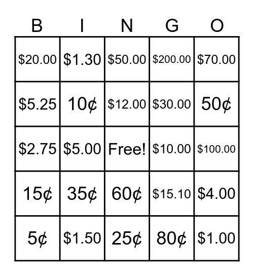 Money Bingo! Bingo Card