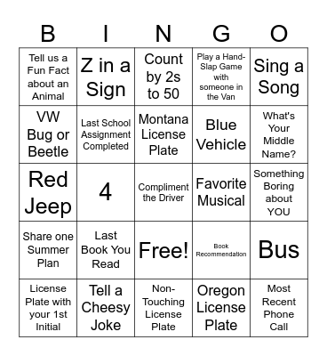 Road Trip Bingo Card