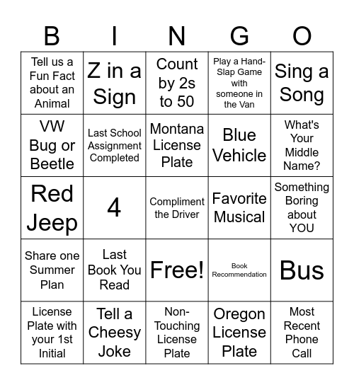 Road Trip Bingo Card