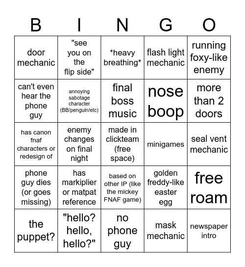 fnaf fan game bingo card Bingo Card
