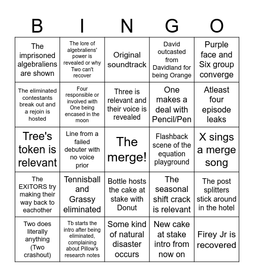 BFDI:TPOT 19 Bingo Card