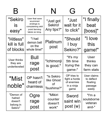 Sekiro Subreddit Bingo Card