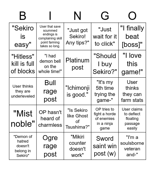 Sekiro Subreddit Bingo Card