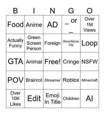 Youtube Shorts Bingo Card
