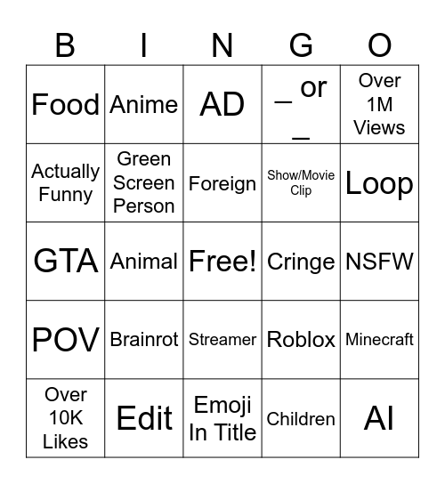 Youtube Shorts Bingo Card