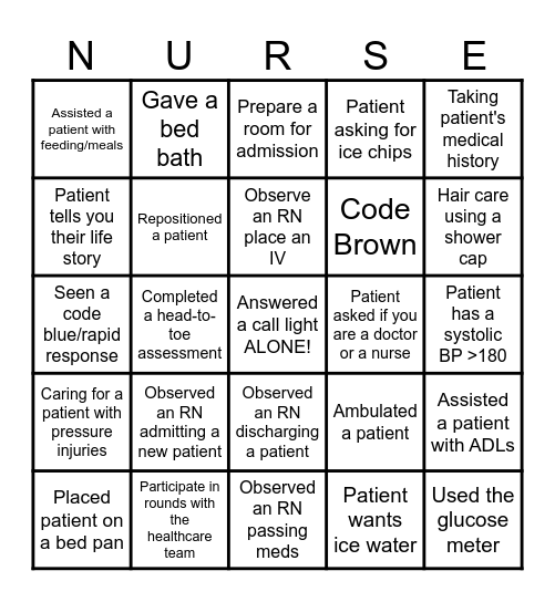 Nursing Clinicals Bingo Card