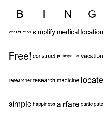 Chapter 5 Vocabulary Bingo Card