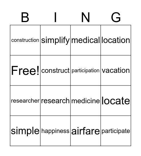 Chapter 5 Vocabulary Bingo Card