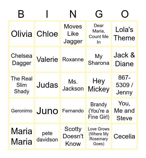 Songs With Names in the Title Bingo Card