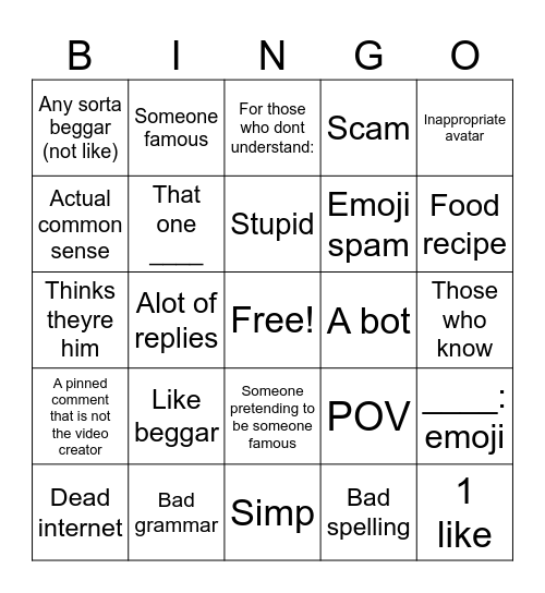 My best attempt at a youtube short comment bingo. Bingo Card