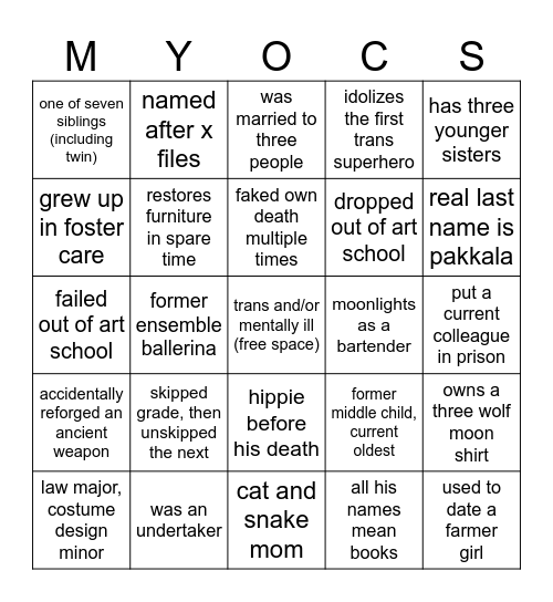 Leo Character Lore Bingo Card