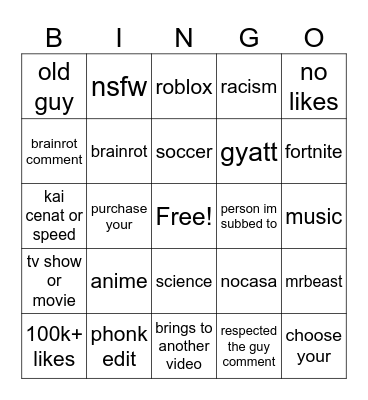 youtube shorts bingo Card