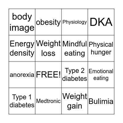 Weight Management Bingo Card