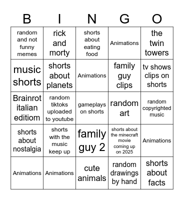 The youtube shorts bingo Card
