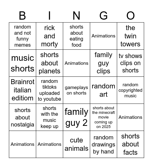 The youtube shorts bingo Card