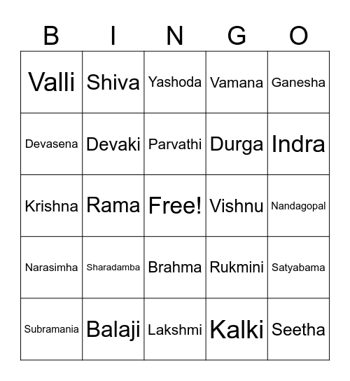 Gods and goddesses Bingo Card