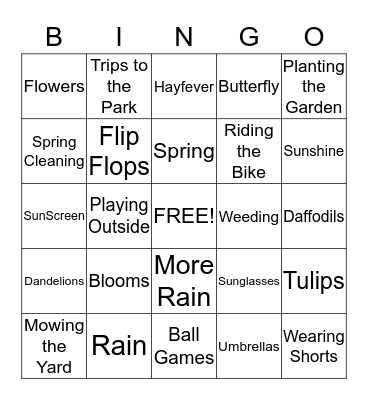 Springtime Activities Bingo Card