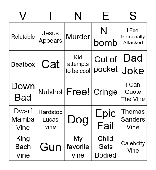 Vine compliation bingo Card