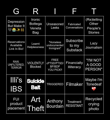 Grifting Olympics Bingo Card