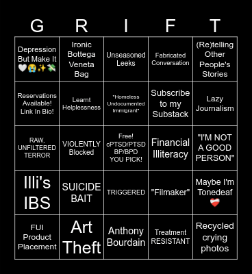 GRIFTING OLYMPICS Bingo Card