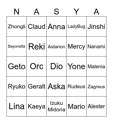 Nastya's Bingo Card
