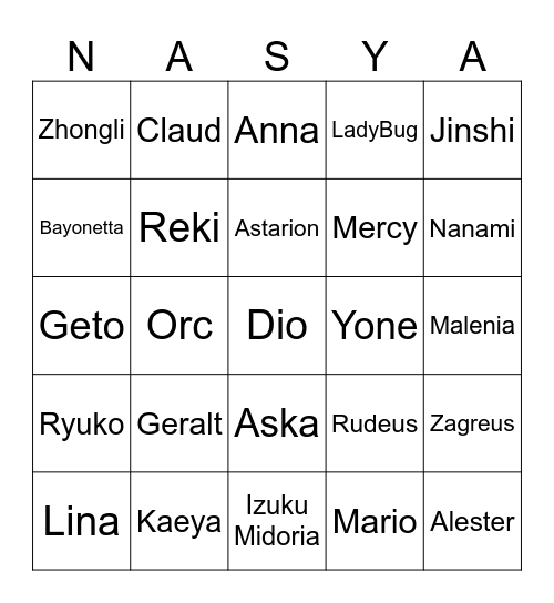 Nastya's Bingo Card