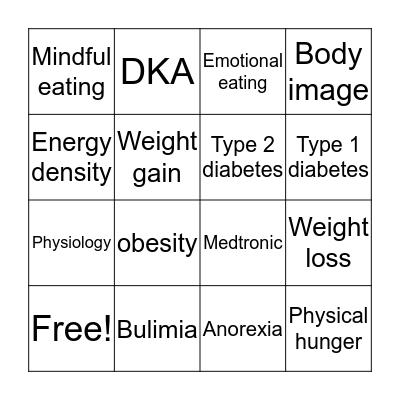 Weight Management Bingo Card