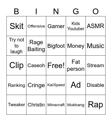 Youtube short bingo Card