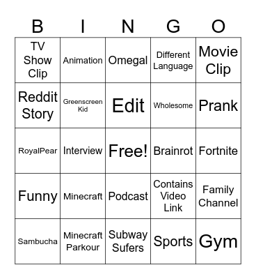 YT Shorts Bingo Card