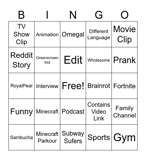 YT Shorts Bingo Card